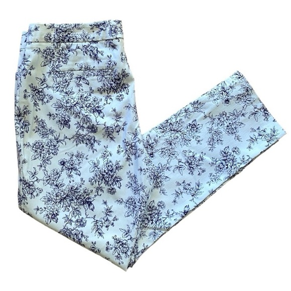 Mario Serrani Stretch White Navy Blue Floral Print Ankle Cropped Trousers Pants - Picture 3 of 6